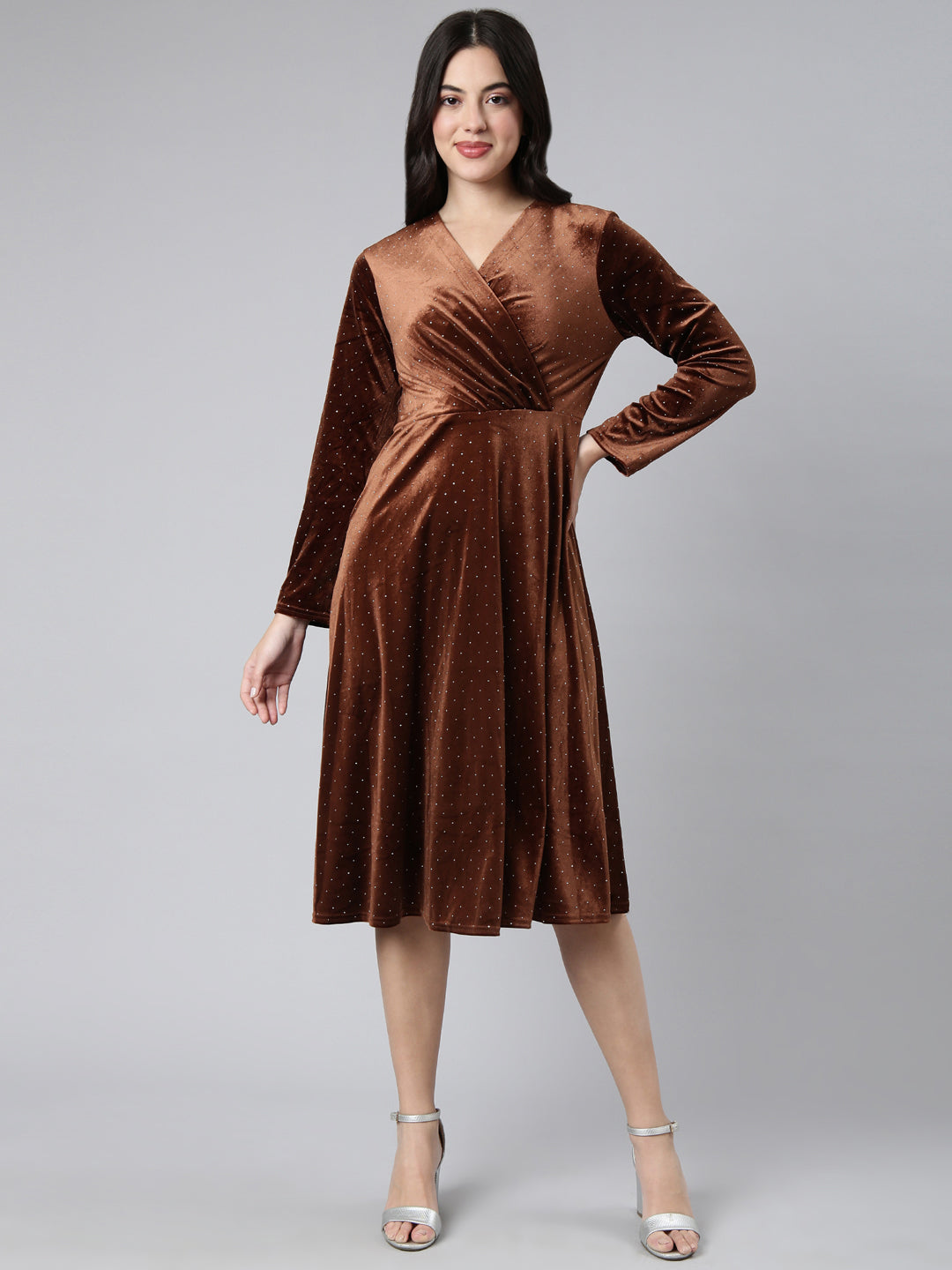 Women Embellished Brown A-Line Dress