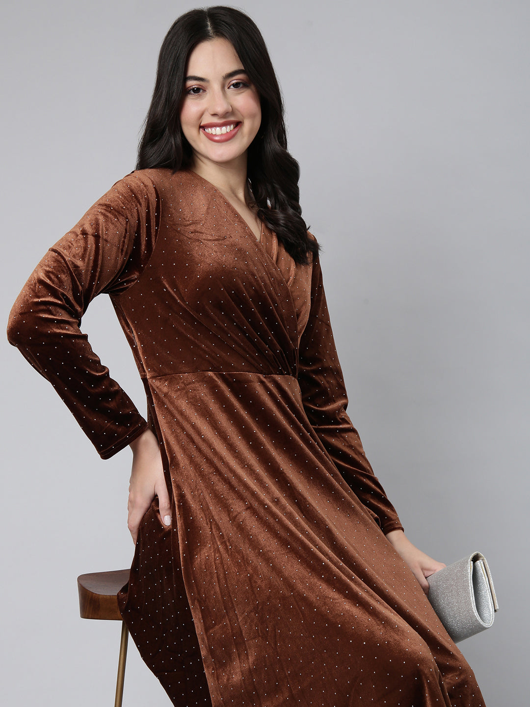 Women Embellished Brown A-Line Dress