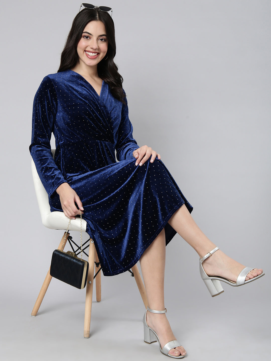 Women's Embellished Navy Blue A-Line Dress