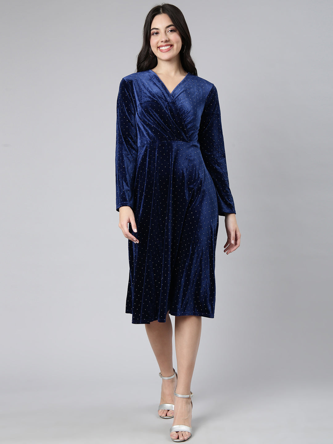 Women's Embellished Navy Blue A-Line Dress