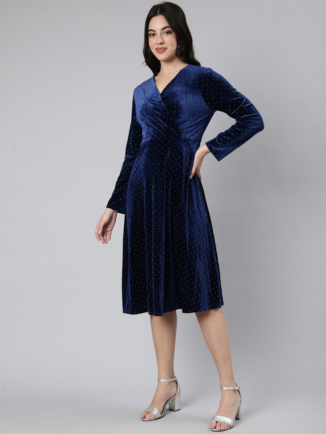 Women's Embellished Navy Blue A-Line Dress