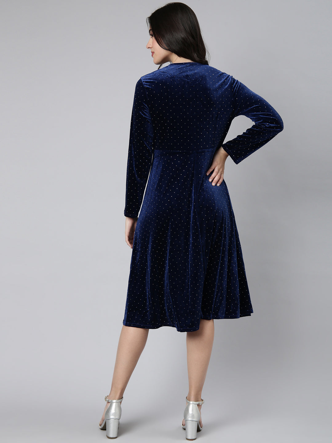 Women's Embellished Navy Blue A-Line Dress
