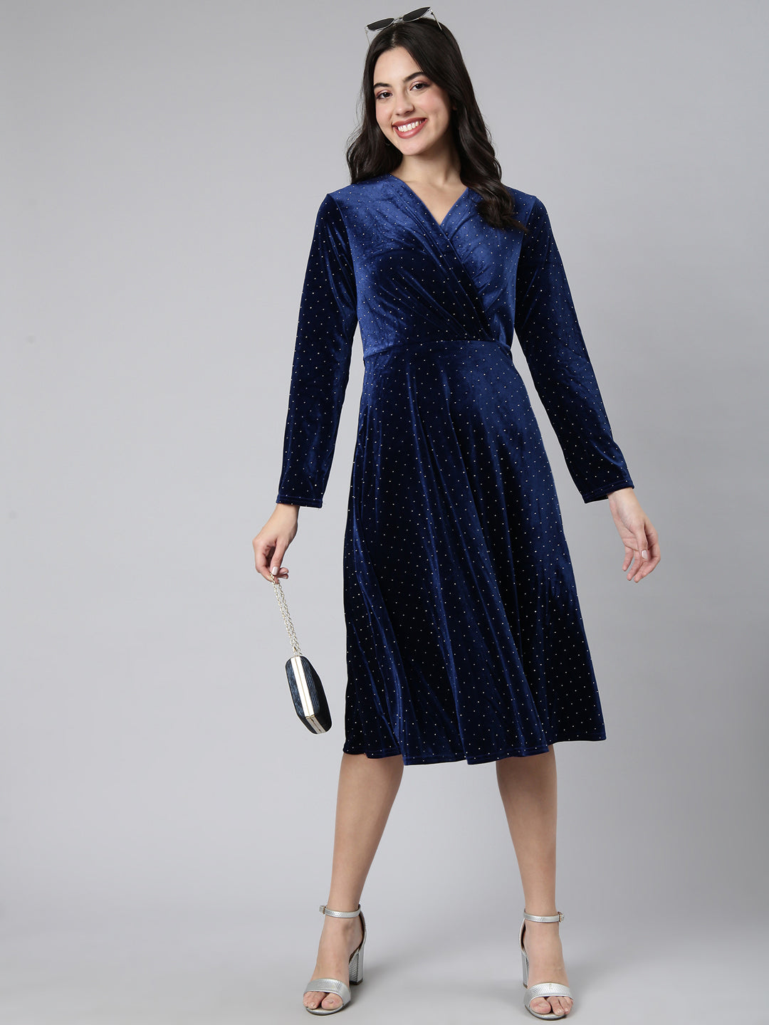 Women's Embellished Navy Blue A-Line Dress