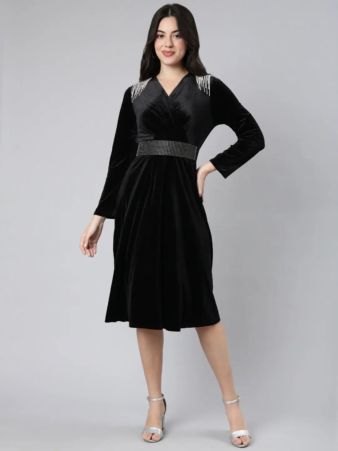 Women's Solid Black Fit and Flare Dress comes with Belt