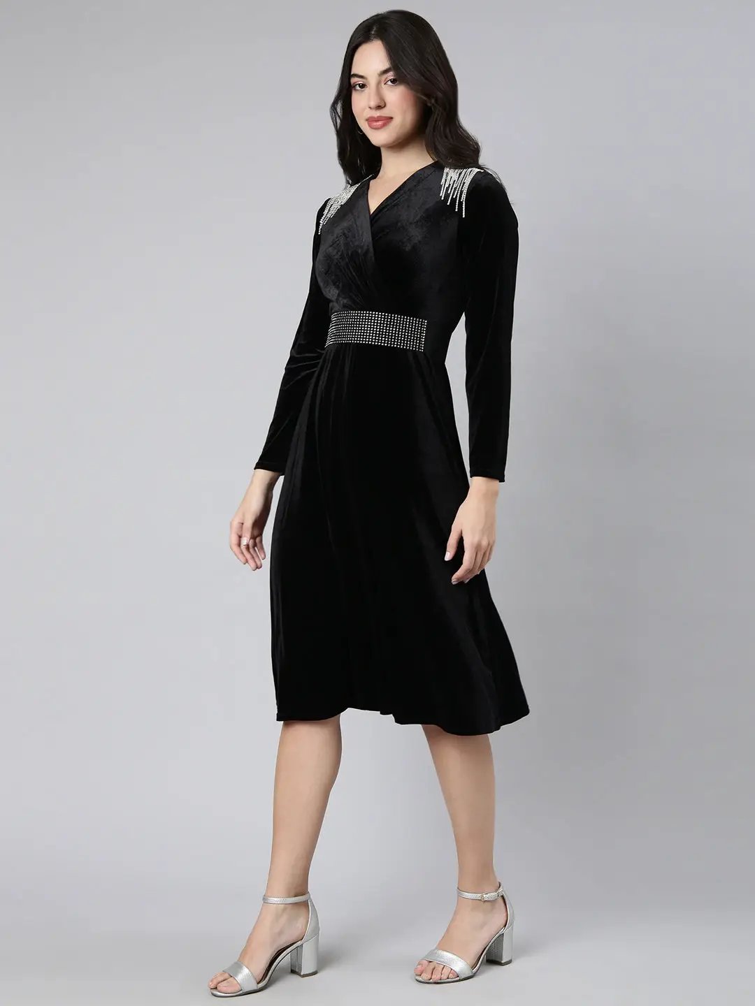 Women's Solid Black Fit and Flare Dress comes with Belt