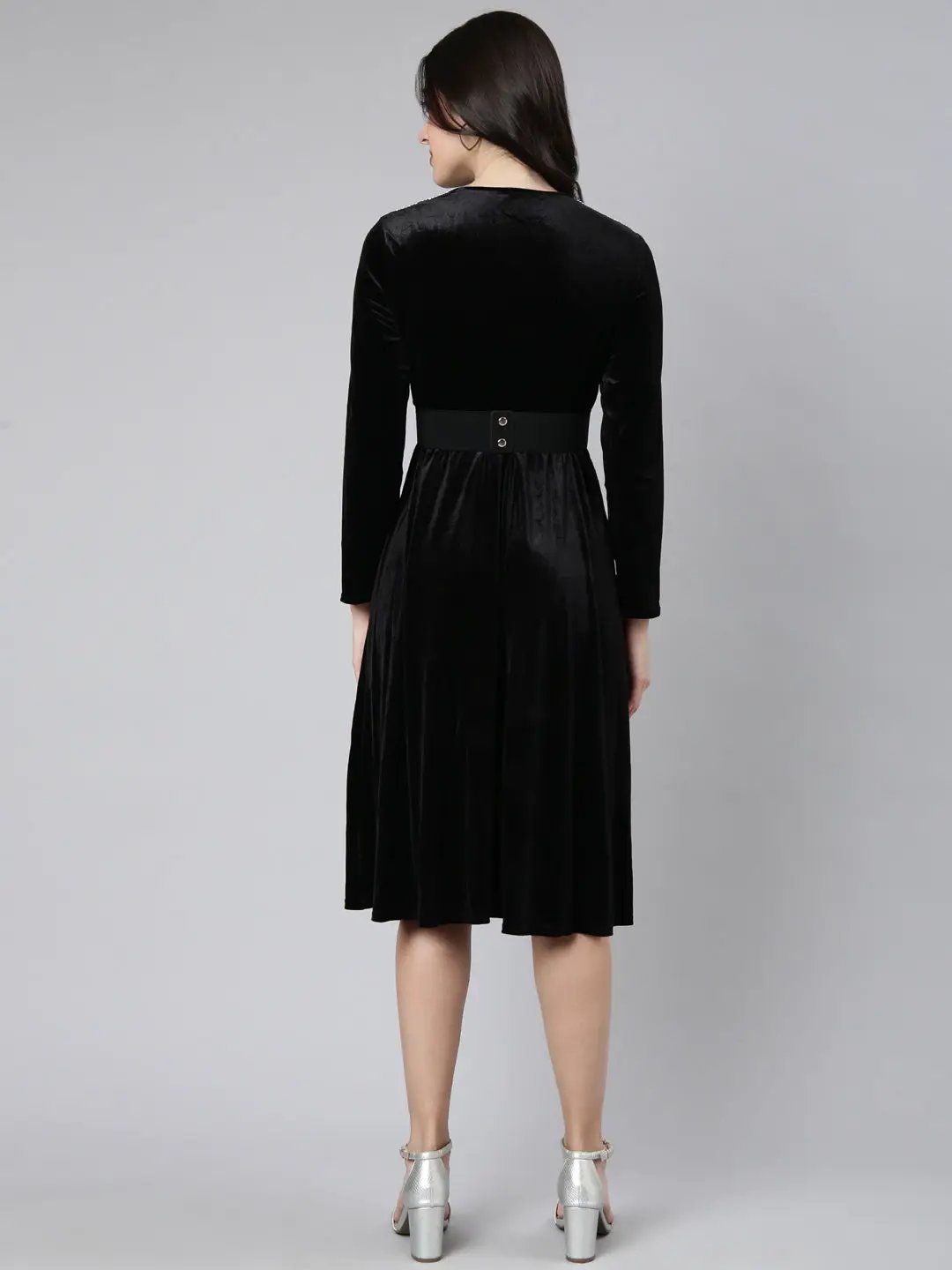 Women's Solid Black Fit and Flare Dress comes with Belt