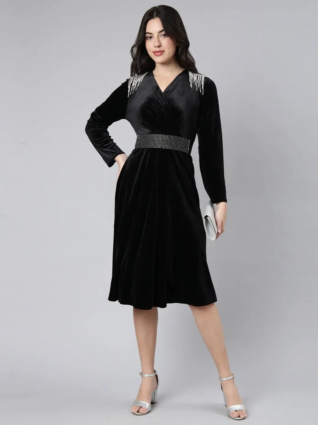 Women's Solid Black Fit and Flare Dress comes with Belt