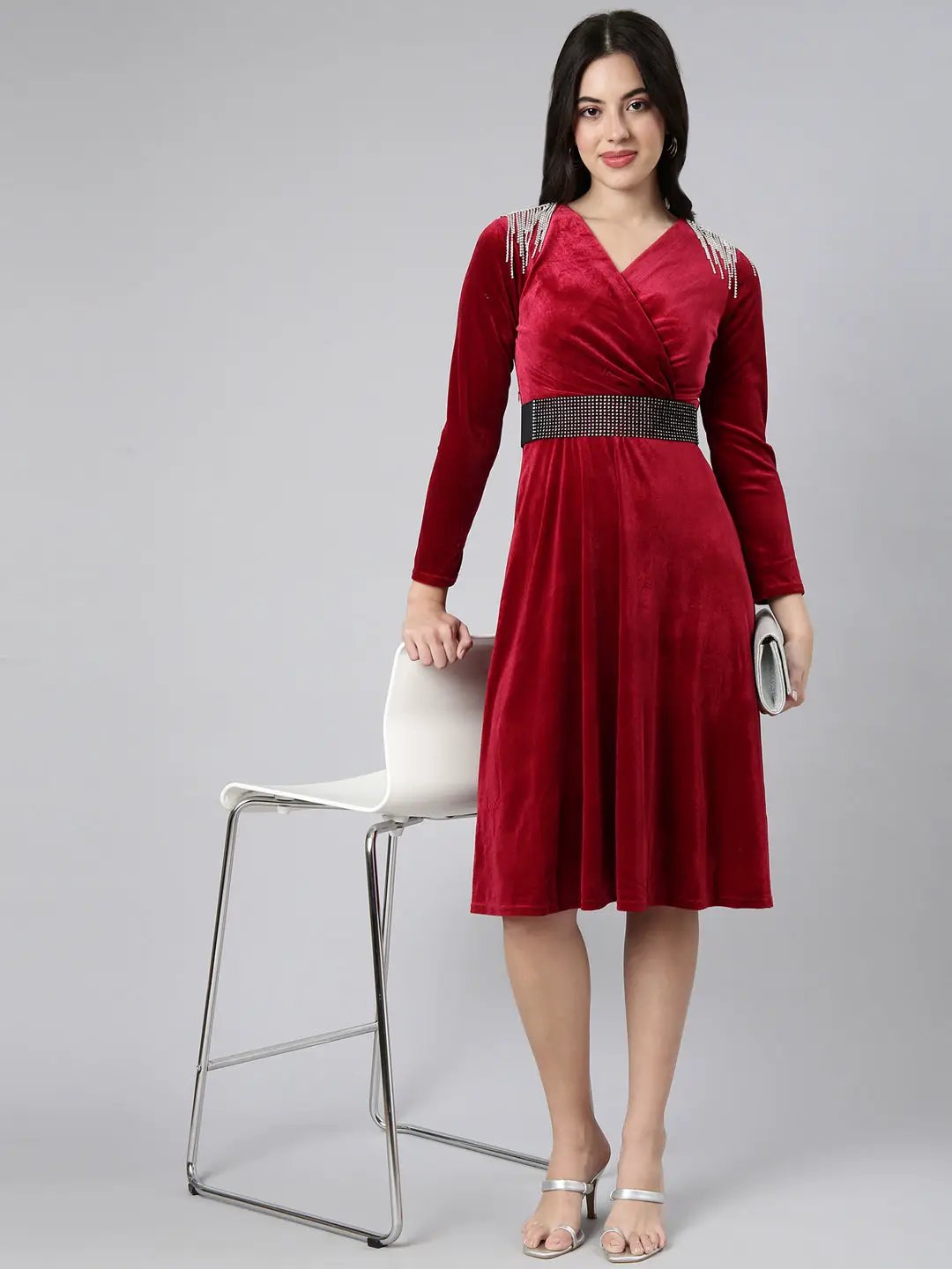 Shop Women's Solid Burgundy Fit and Flare Dress with Belt| Showoffff Shop Women's Solid Burgundy Fit and Flare Dress with Belt| Showoffff