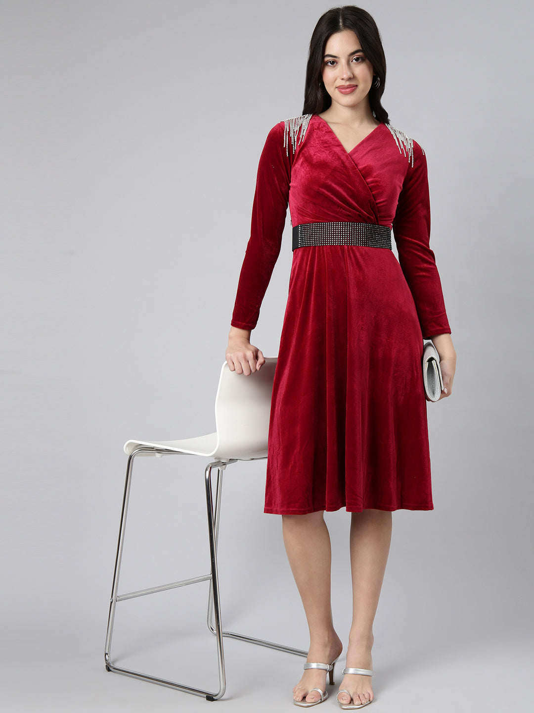 Women Solid Burgundy Fit and Flare Dress comes with Belt