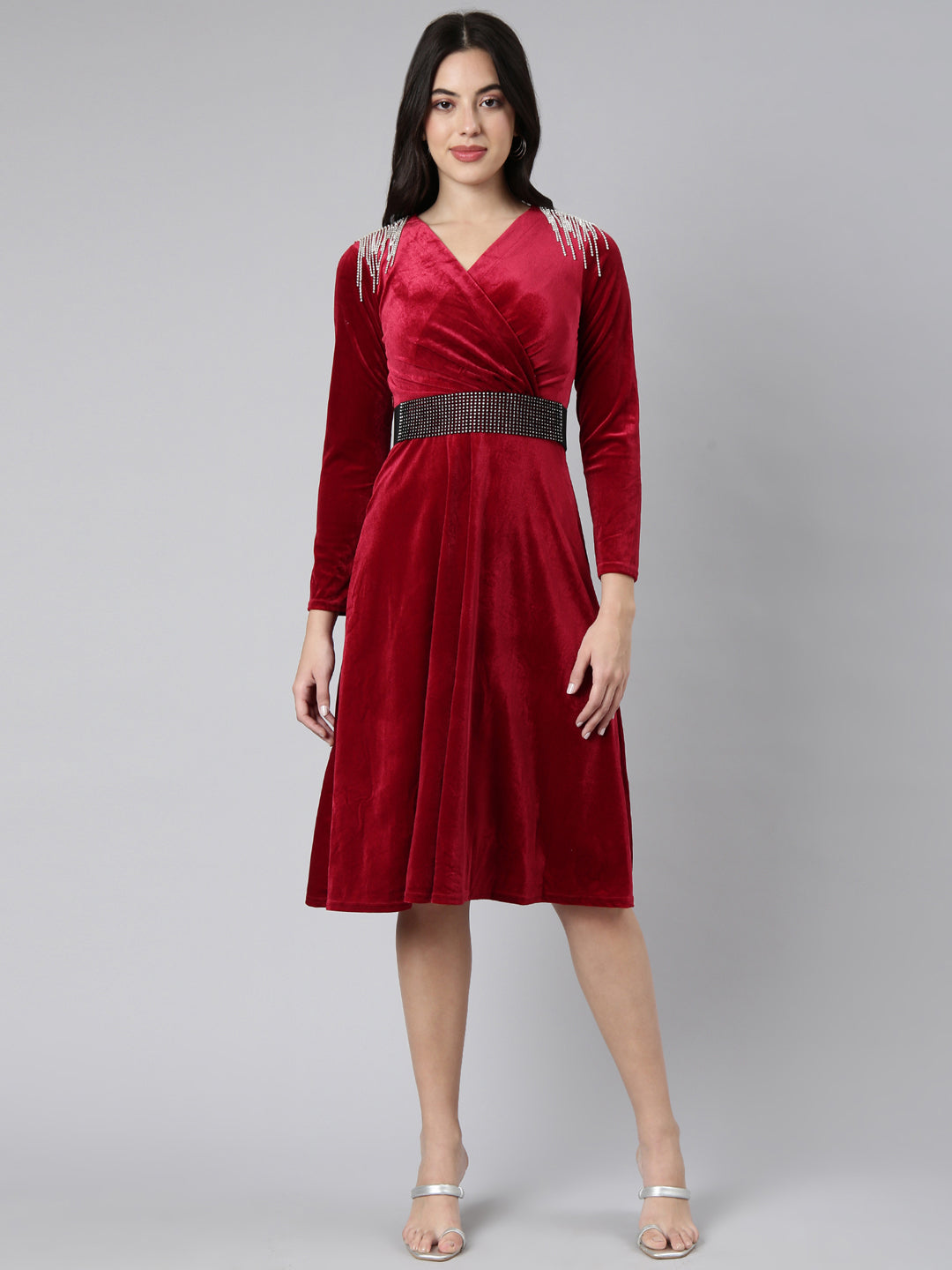 Women Solid Burgundy Fit and Flare Dress comes with Belt