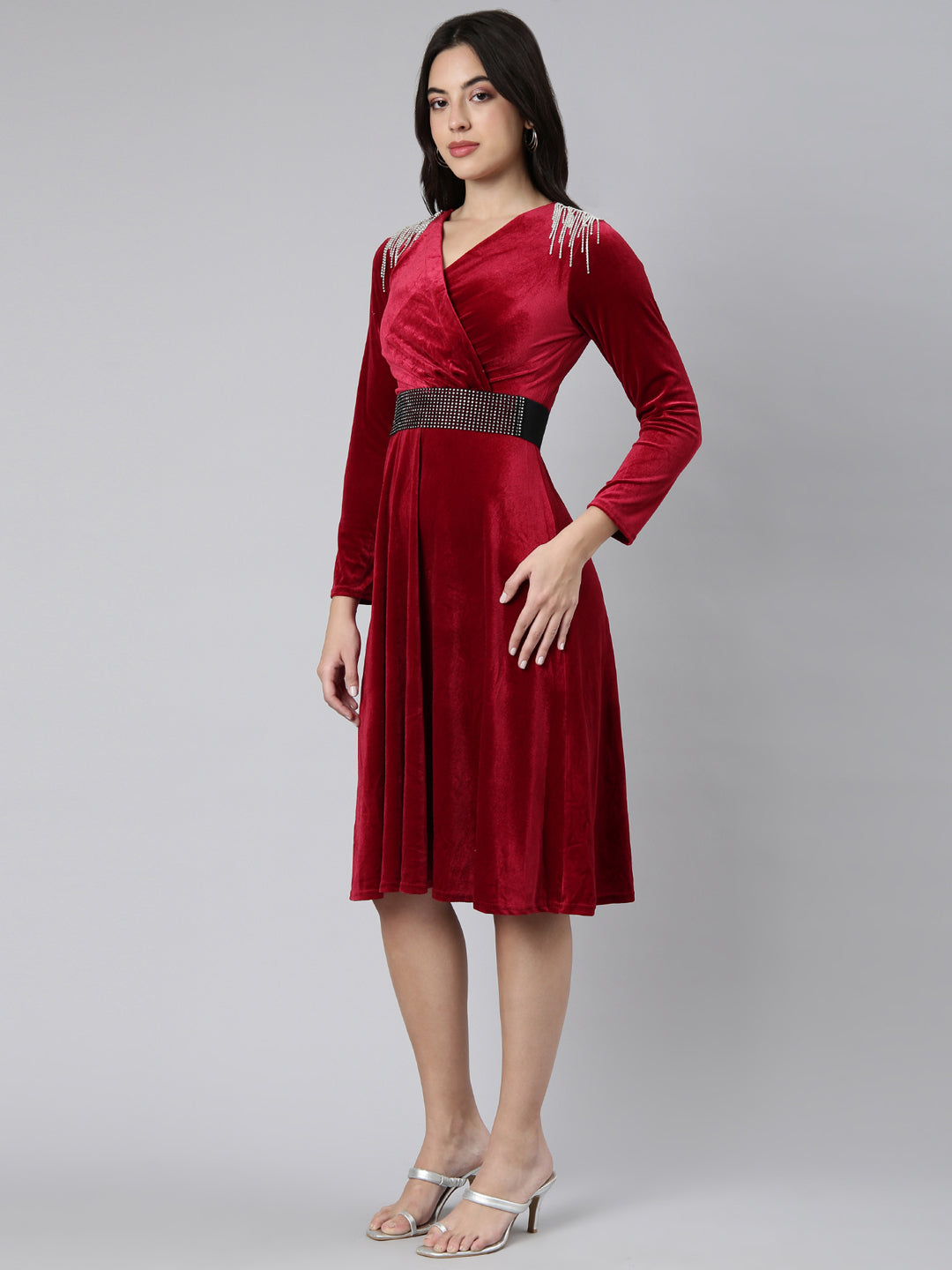 Women Solid Burgundy Fit and Flare Dress comes with Belt