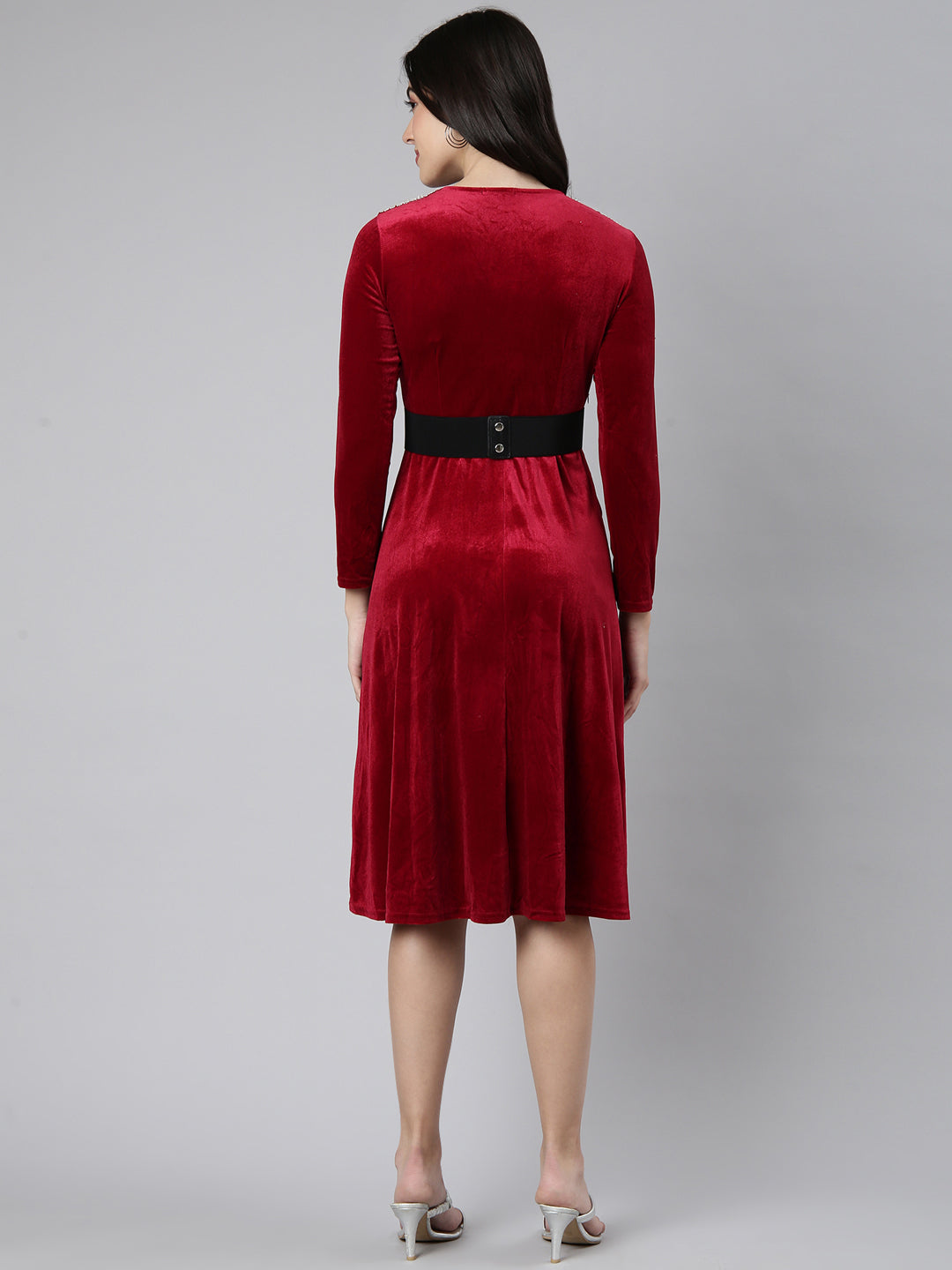 Women Solid Burgundy Fit and Flare Dress comes with Belt