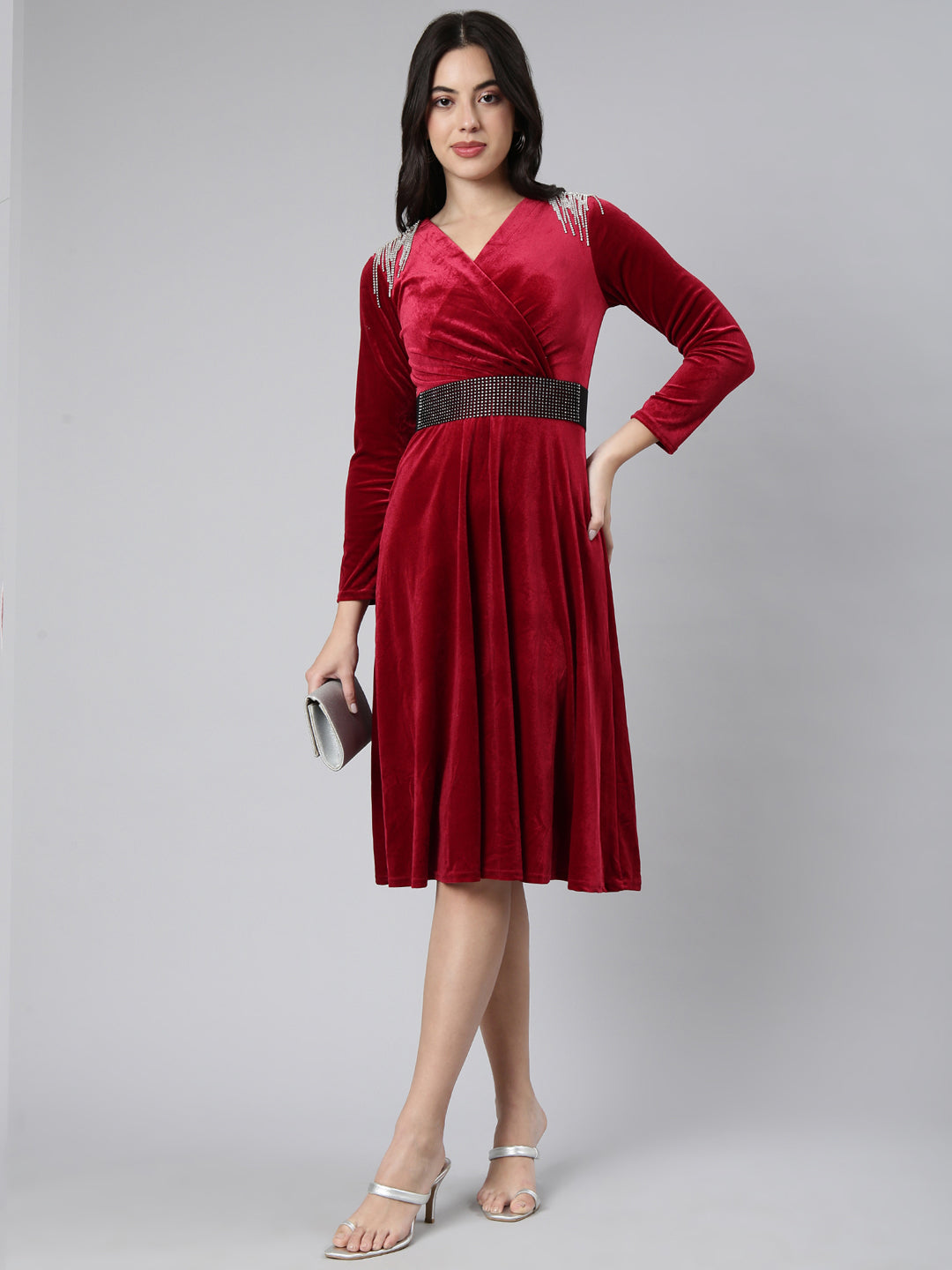 Women Solid Burgundy Fit and Flare Dress comes with Belt