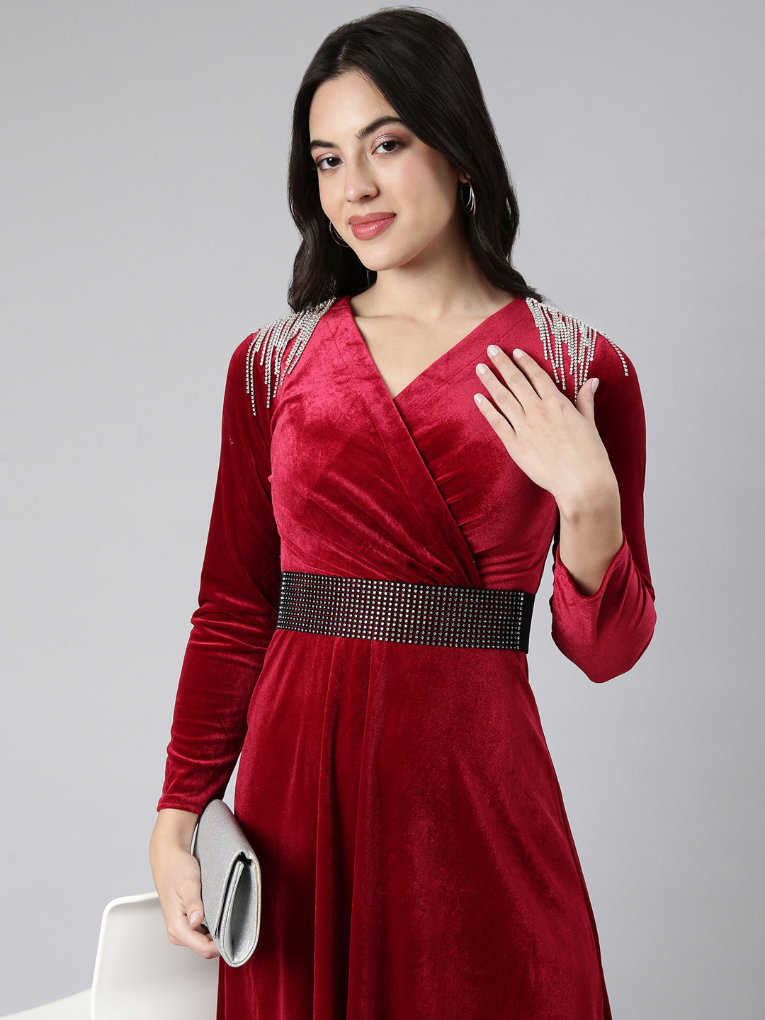 Women Solid Burgundy Fit and Flare Dress comes with Belt