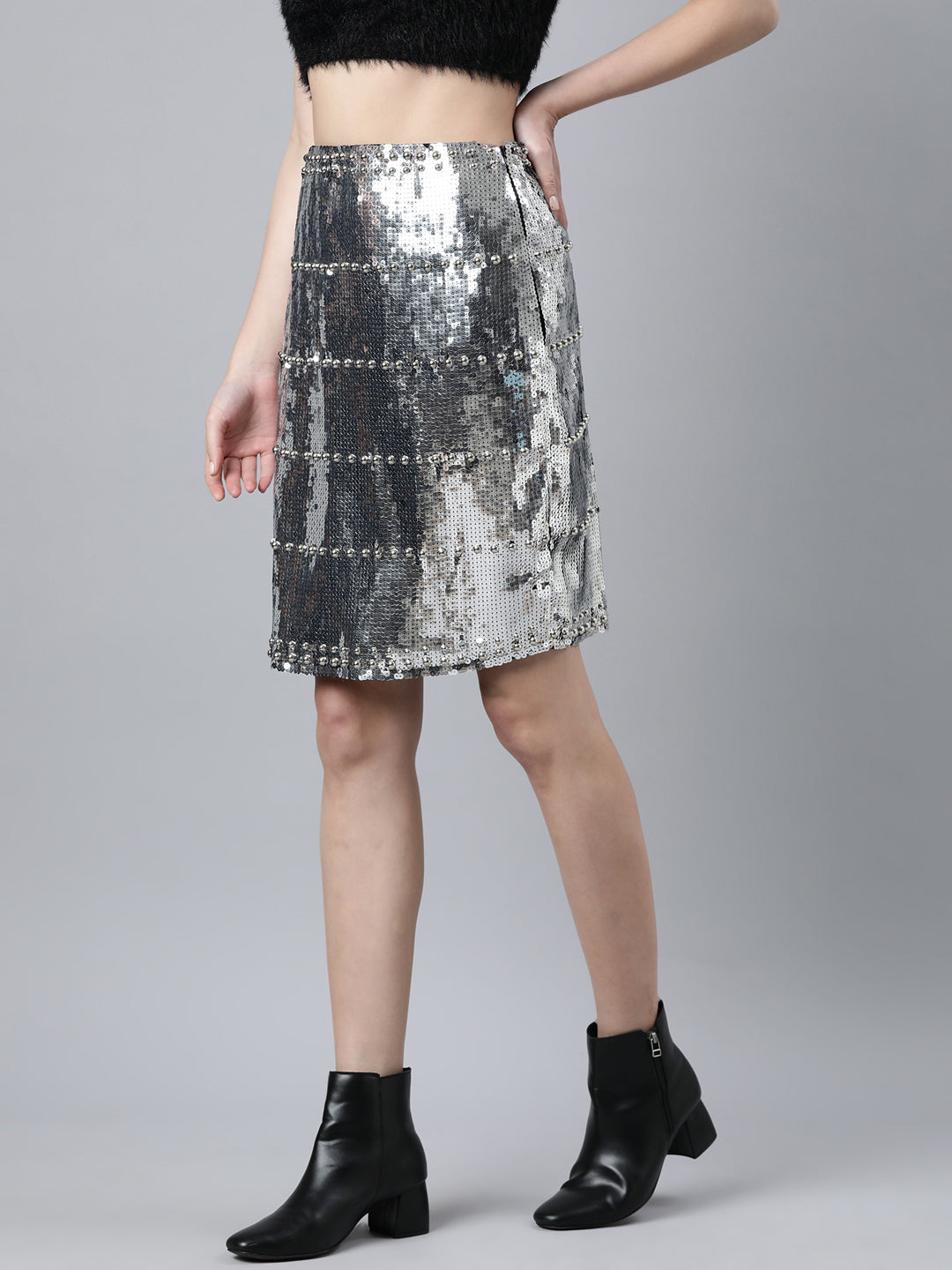 Women Embellished A-Line Silver Above Knee Skirt