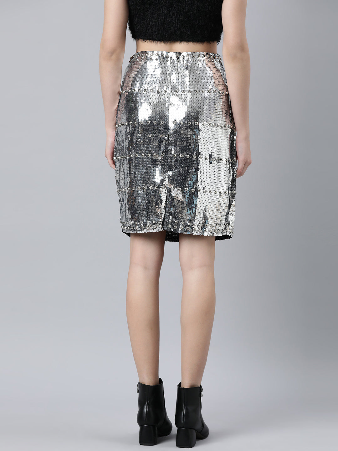 Women Embellished A-Line Silver Above Knee Skirt