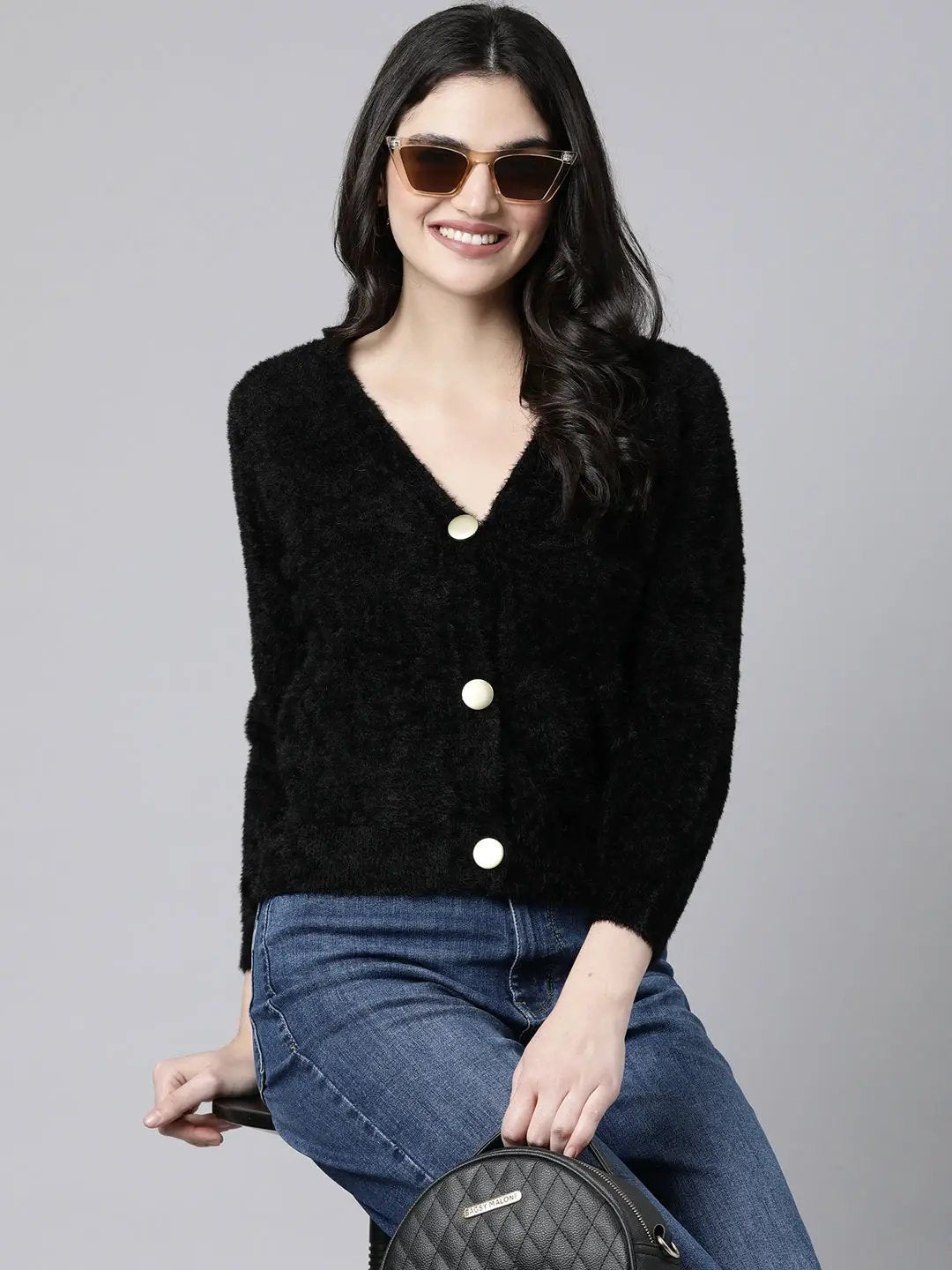 Women's Solid Black Cardigan