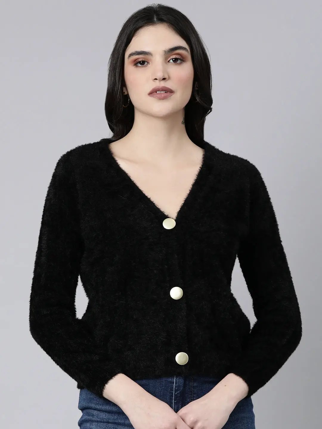 Women's Solid Black Cardigan