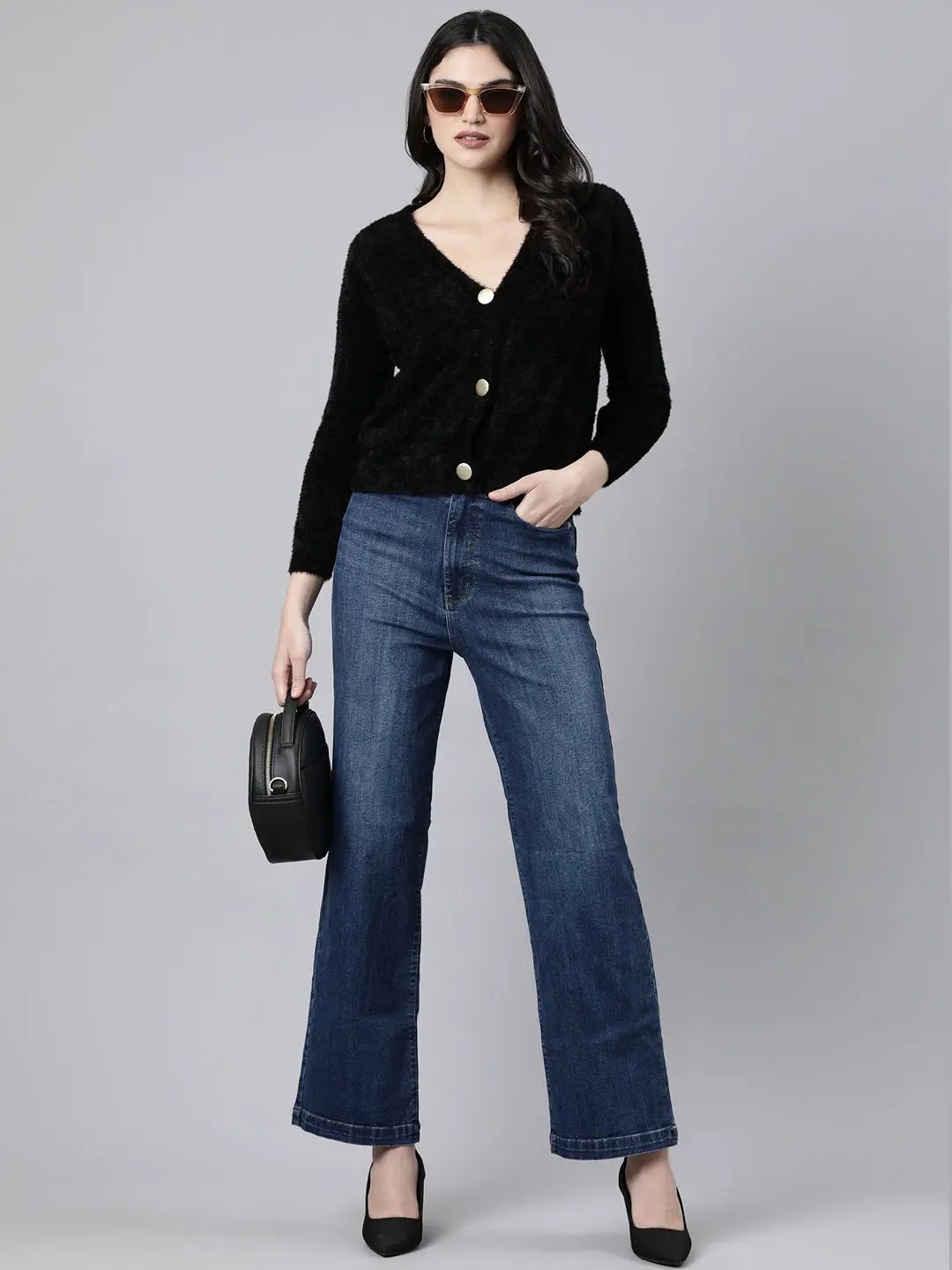 Women's Solid Black Cardigan