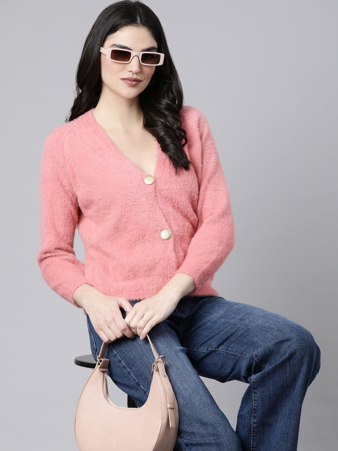 Women Solid Peach Cardigan