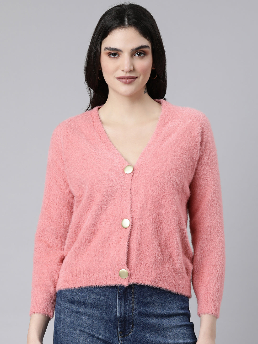 Women Solid Peach Cardigan