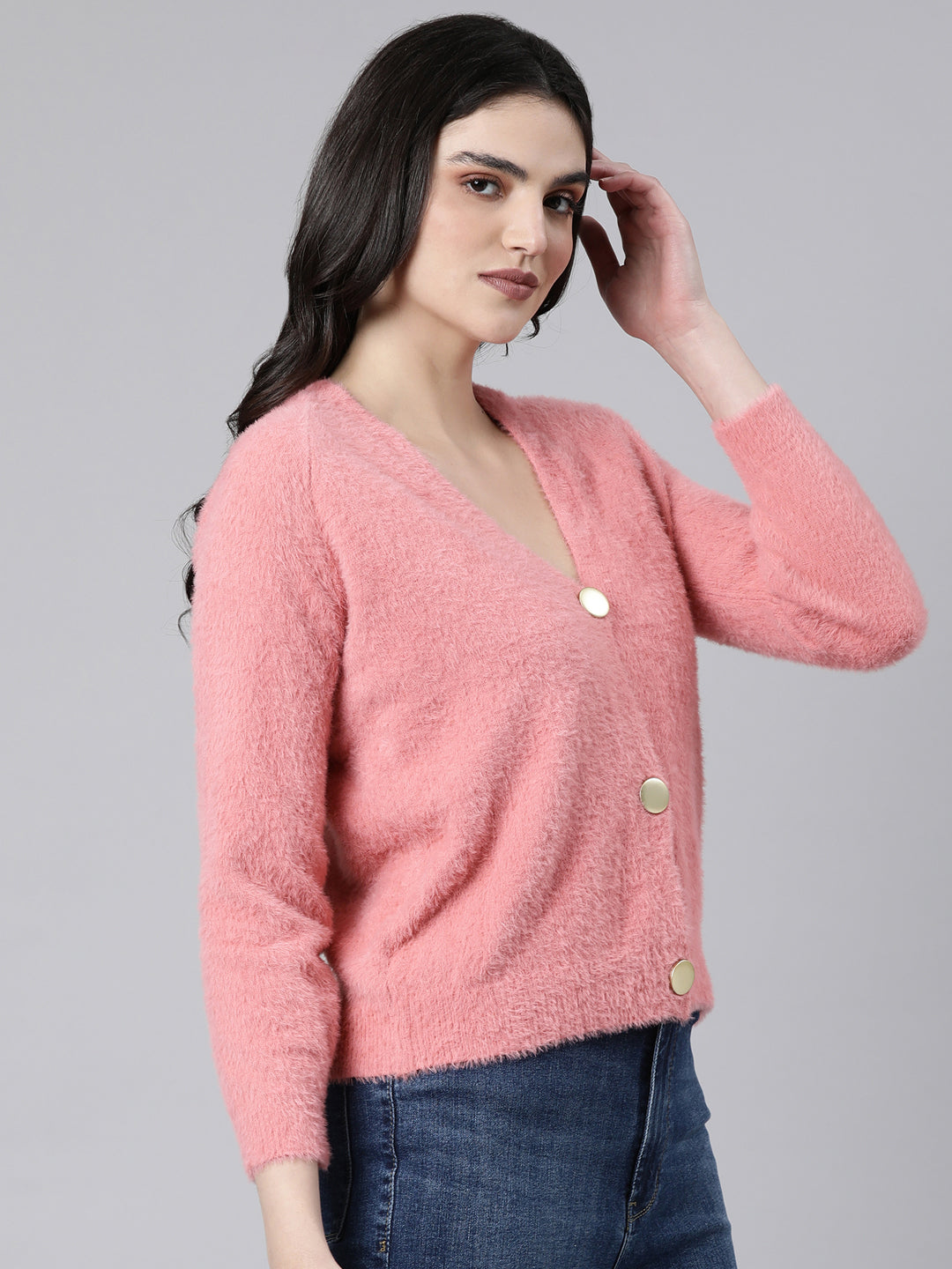 Women Solid Peach Cardigan