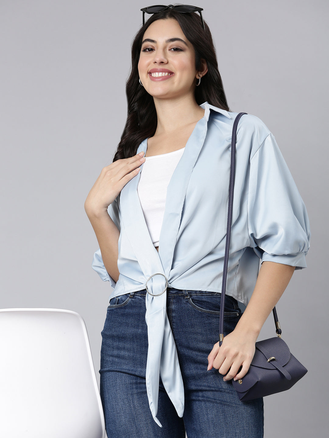 Women Solid Shirt Style Blue Top