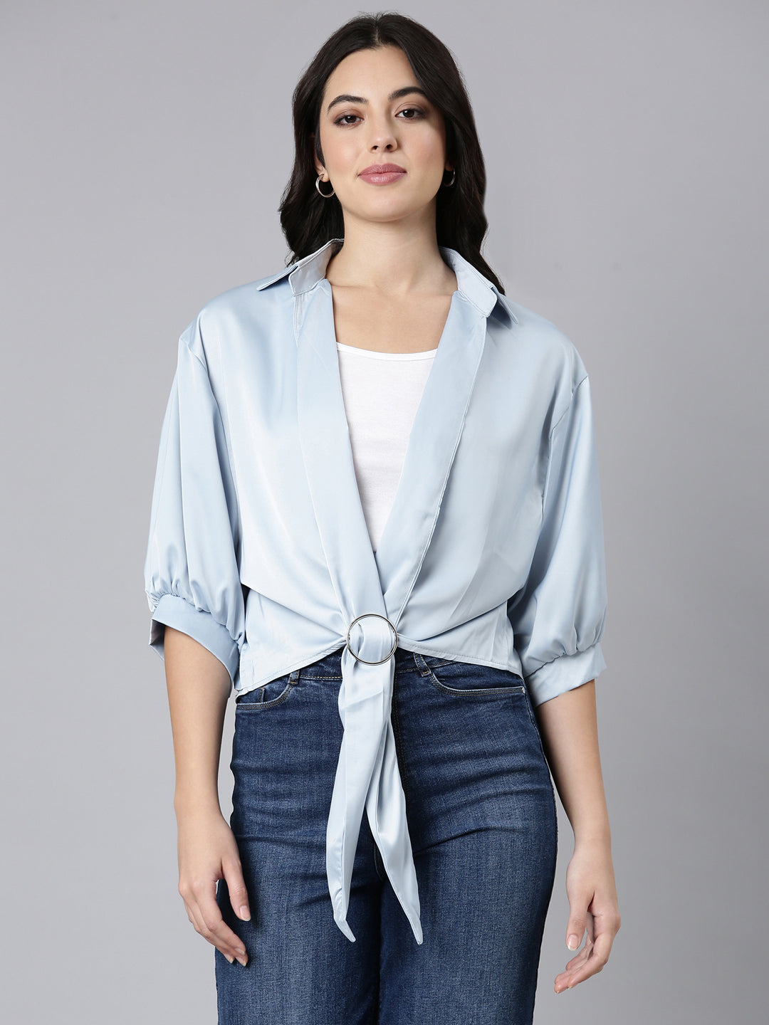 Women Solid Shirt Style Blue Top