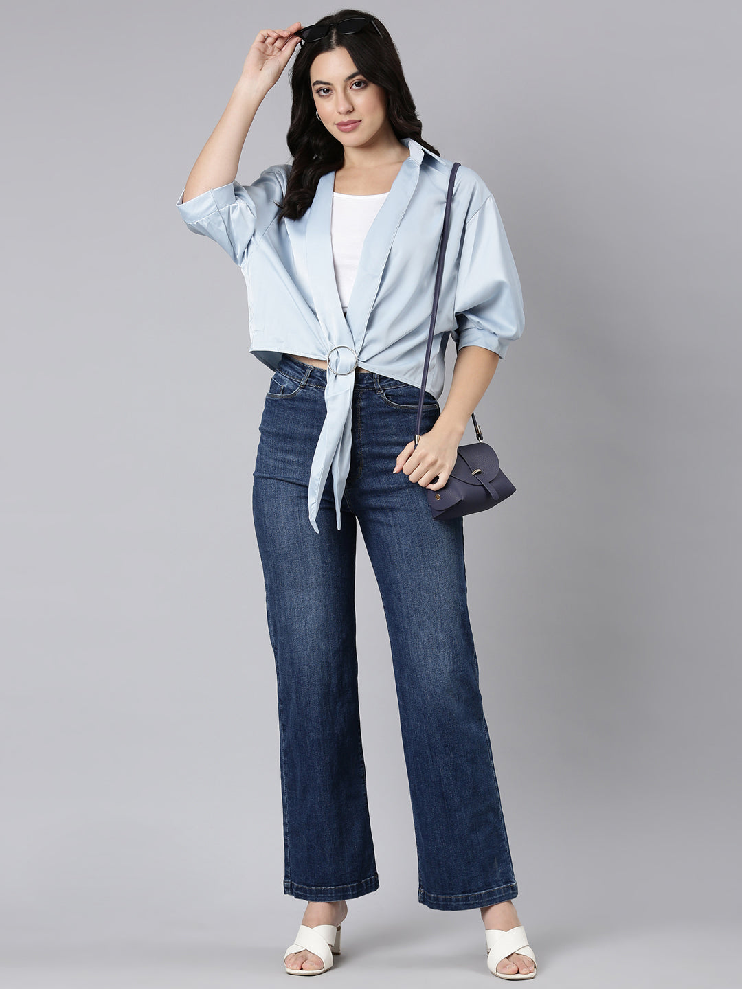 Women Solid Shirt Style Blue Top