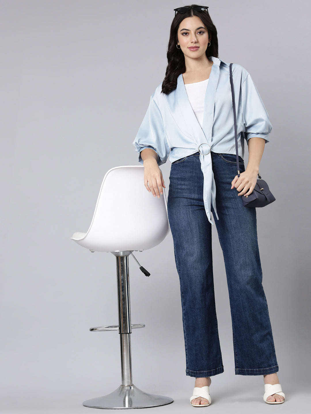 Women Solid Shirt Style Blue Top