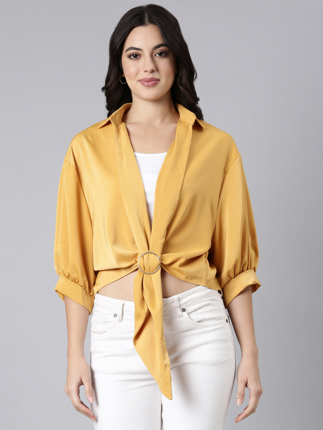 Women Solid Shirt Style Mustard Top