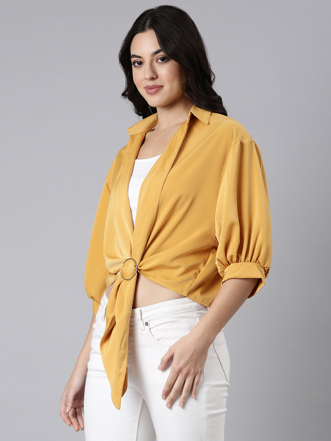 Women Solid Shirt Style Mustard Top