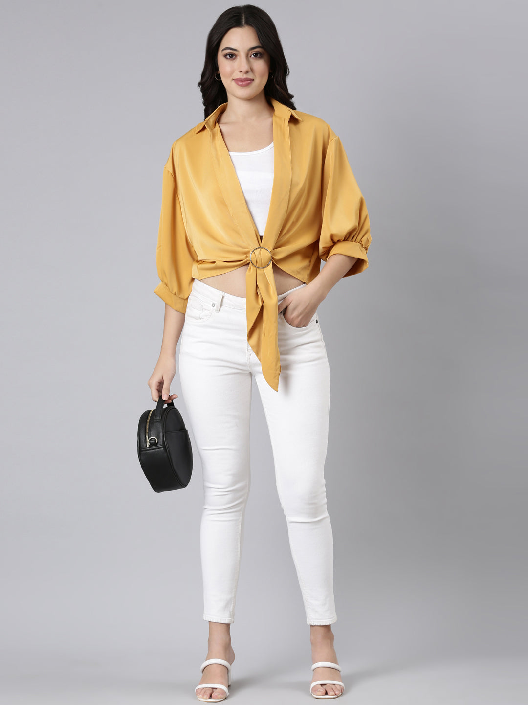 Women Solid Shirt Style Mustard Top