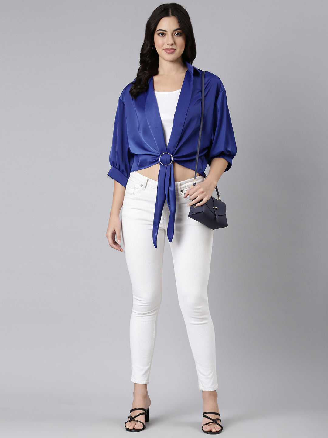 Women Solid Shirt Style Navy Blue Top