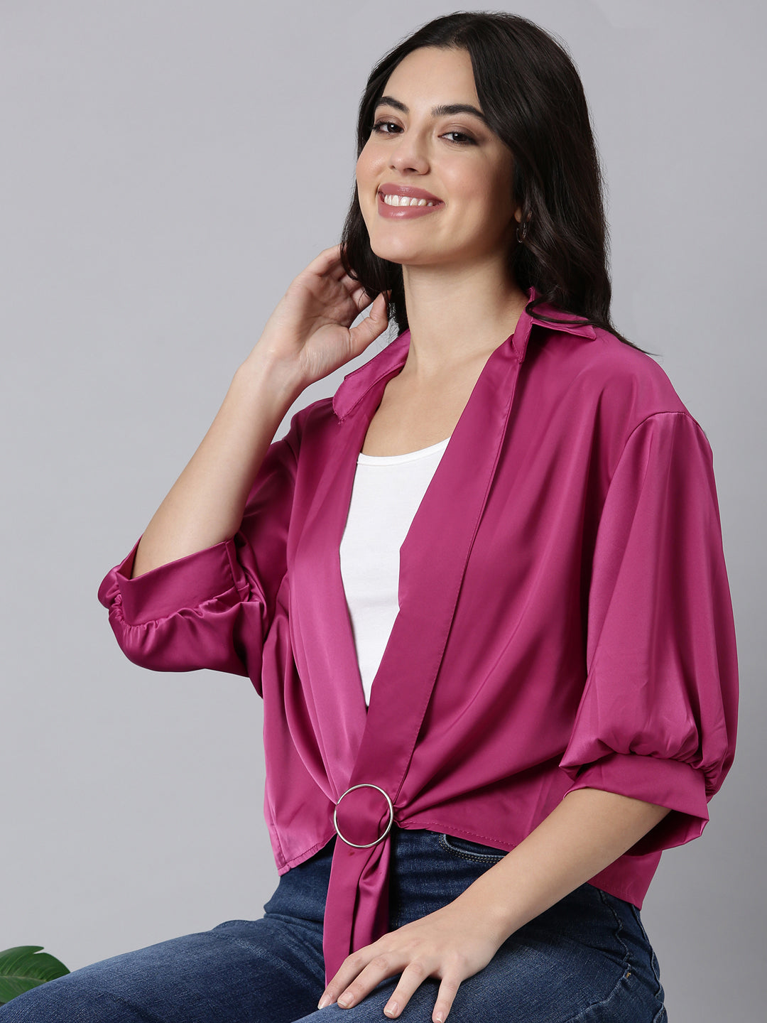 Women Solid Shirt Style Pink Top