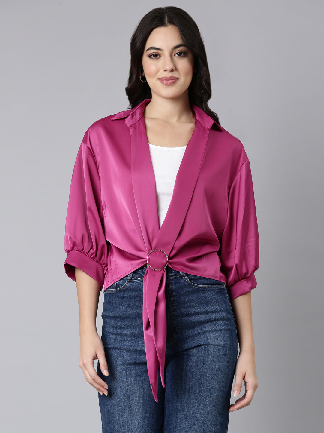 Women Solid Shirt Style Pink Top