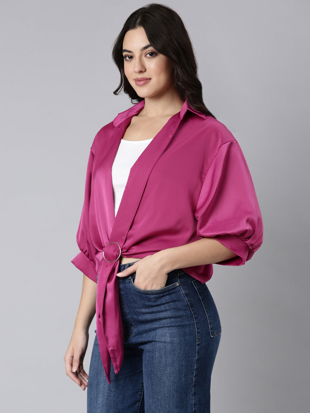 Women Solid Shirt Style Pink Top