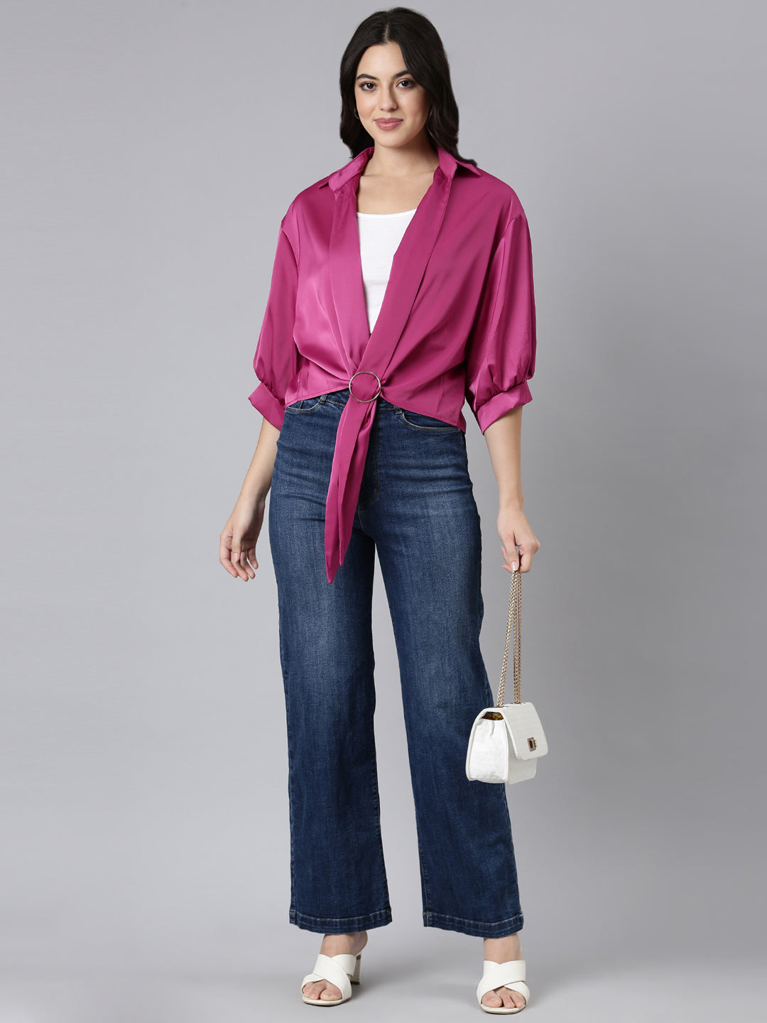 Women Solid Shirt Style Pink Top