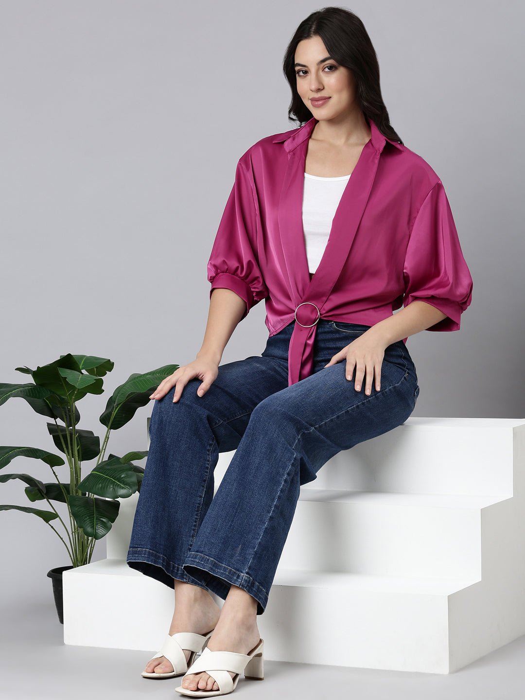 Women Solid Shirt Style Pink Top