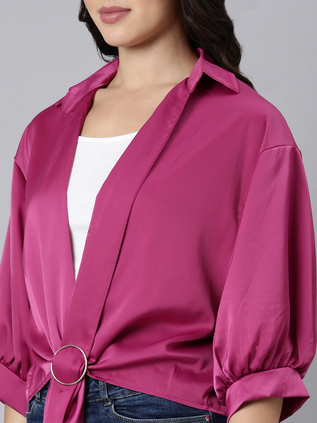 Women Solid Shirt Style Pink Top