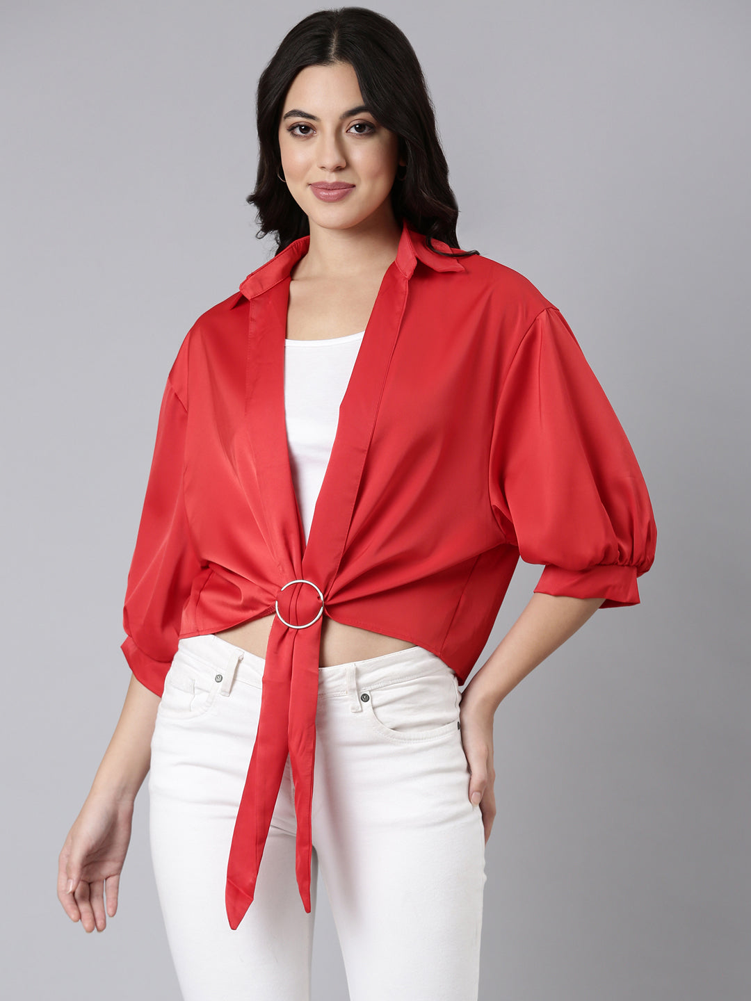 Women Solid Shirt Style Red Top