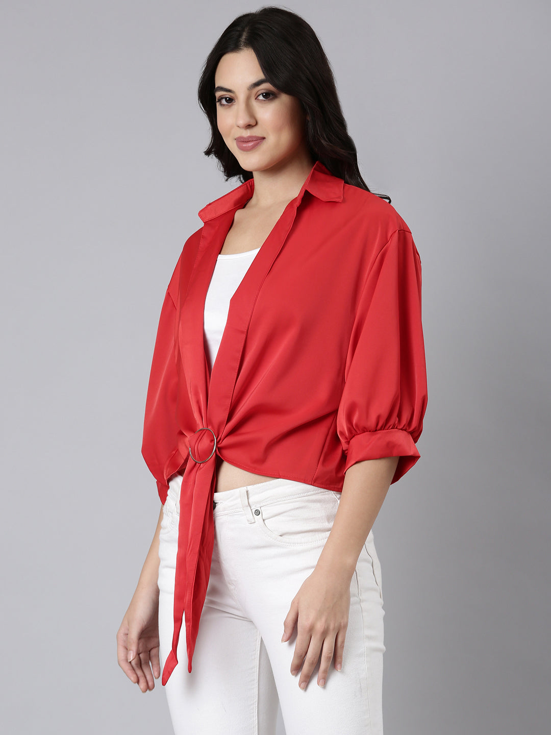 Women Solid Shirt Style Red Top