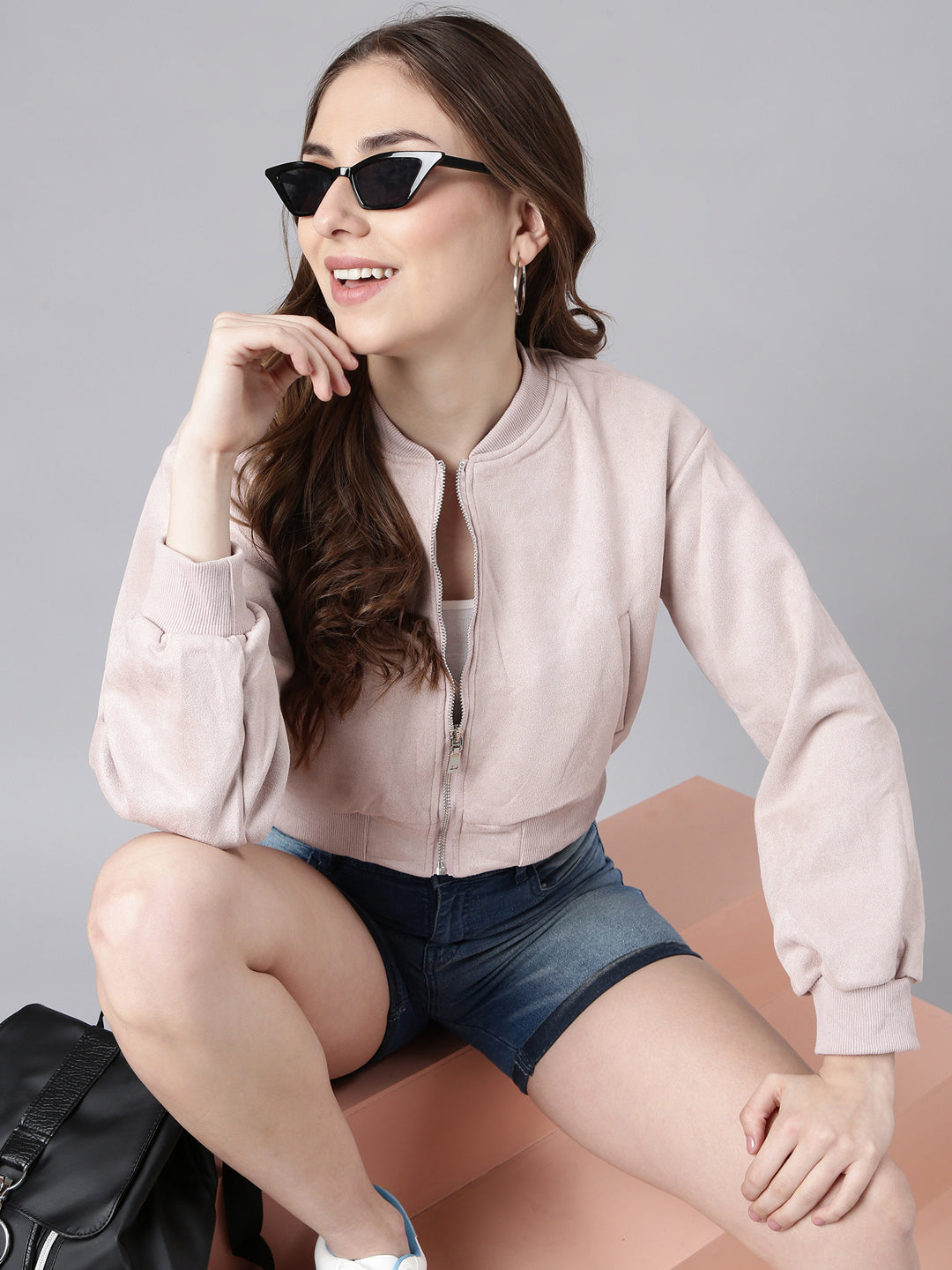 Women's Solid Lavender Crop Bomber Jacket