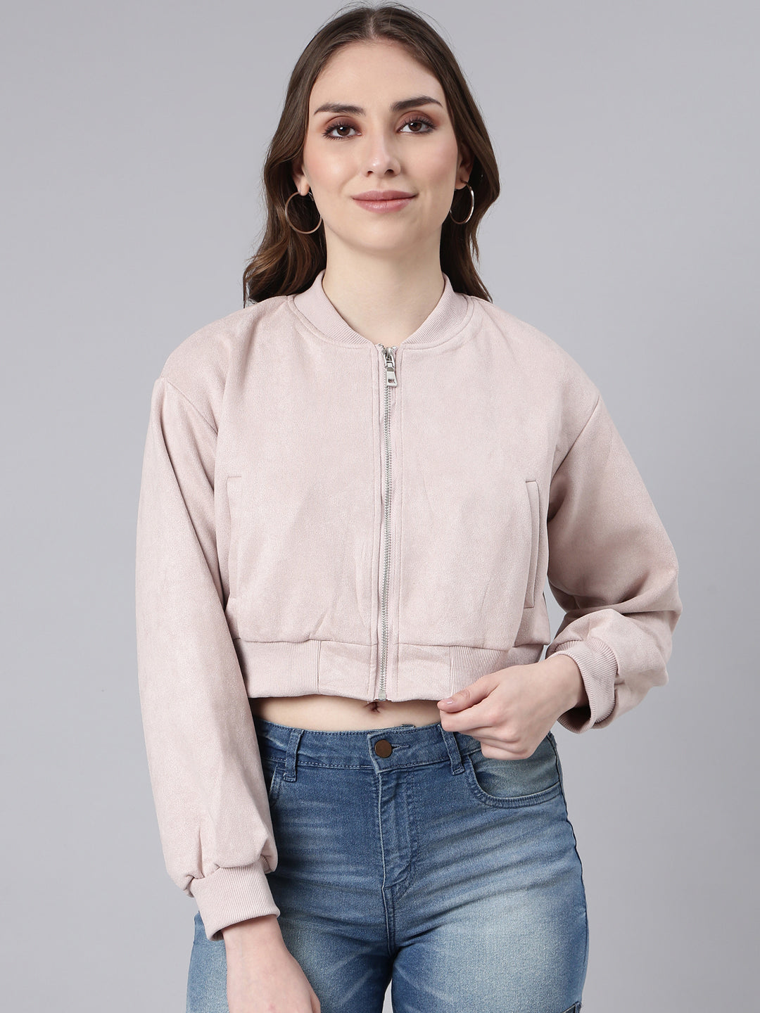 Women's Solid Lavender Crop Bomber Jacket