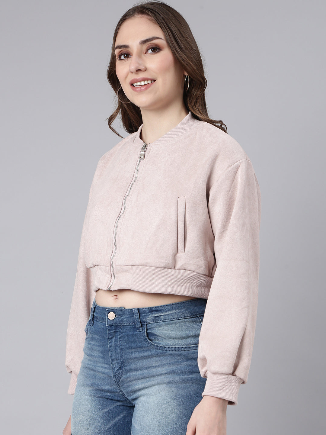 Women's Solid Lavender Crop Bomber Jacket