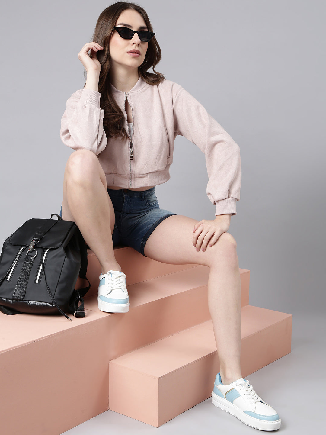 Women's Solid Lavender Crop Bomber Jacket