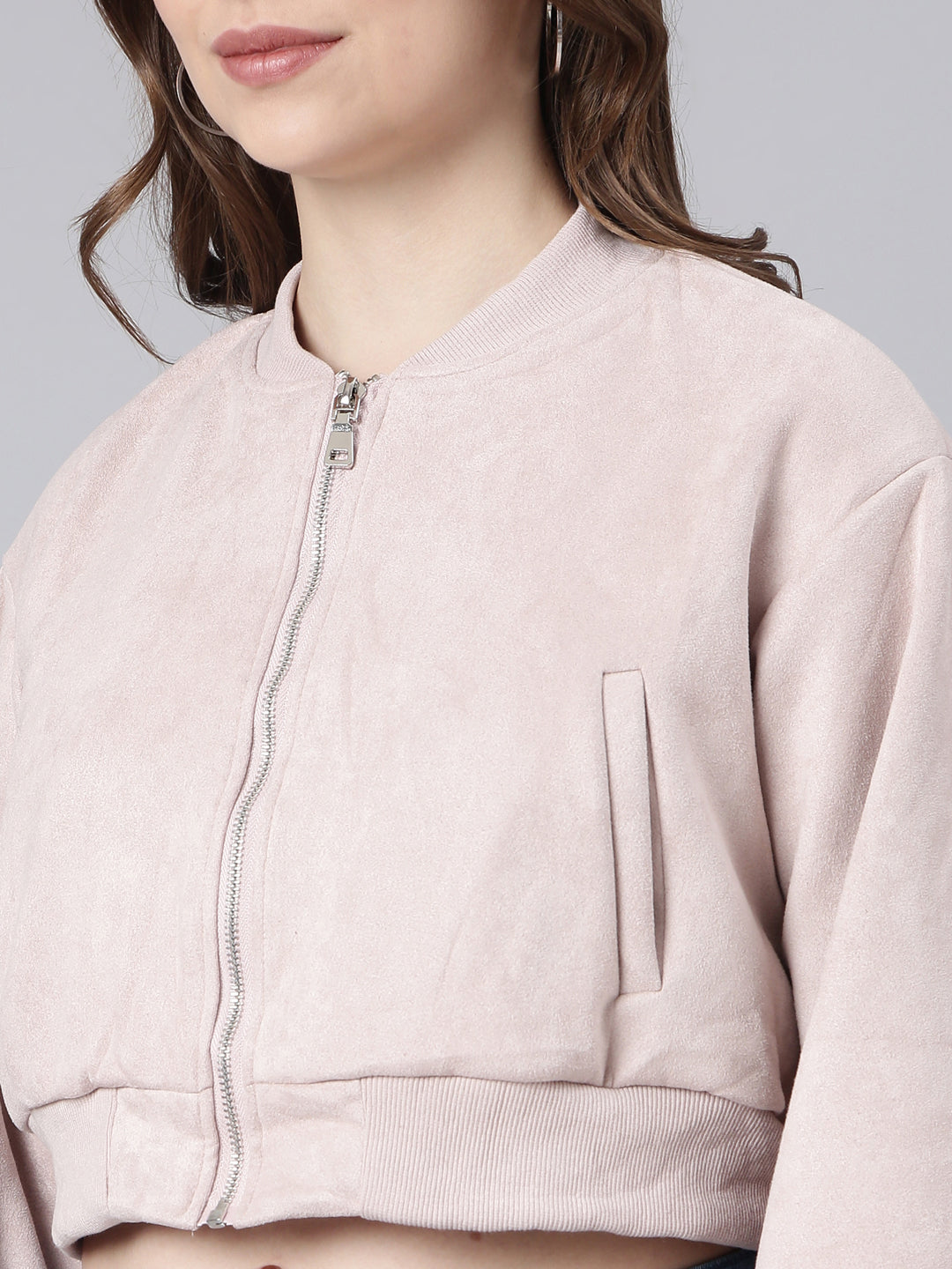 Women's Solid Lavender Crop Bomber Jacket