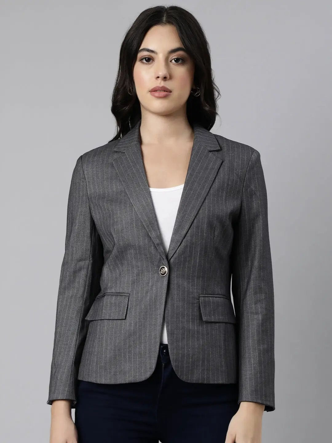 Women's Grey Single-Breasted Blazer