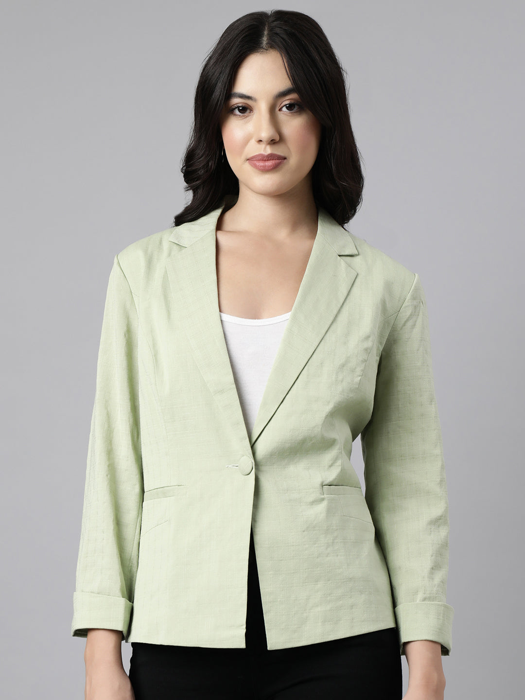 Women Sea Green Single-Breasted Blazer