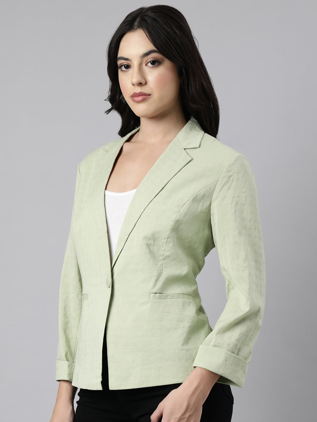 Women Sea Green Single-Breasted Blazer